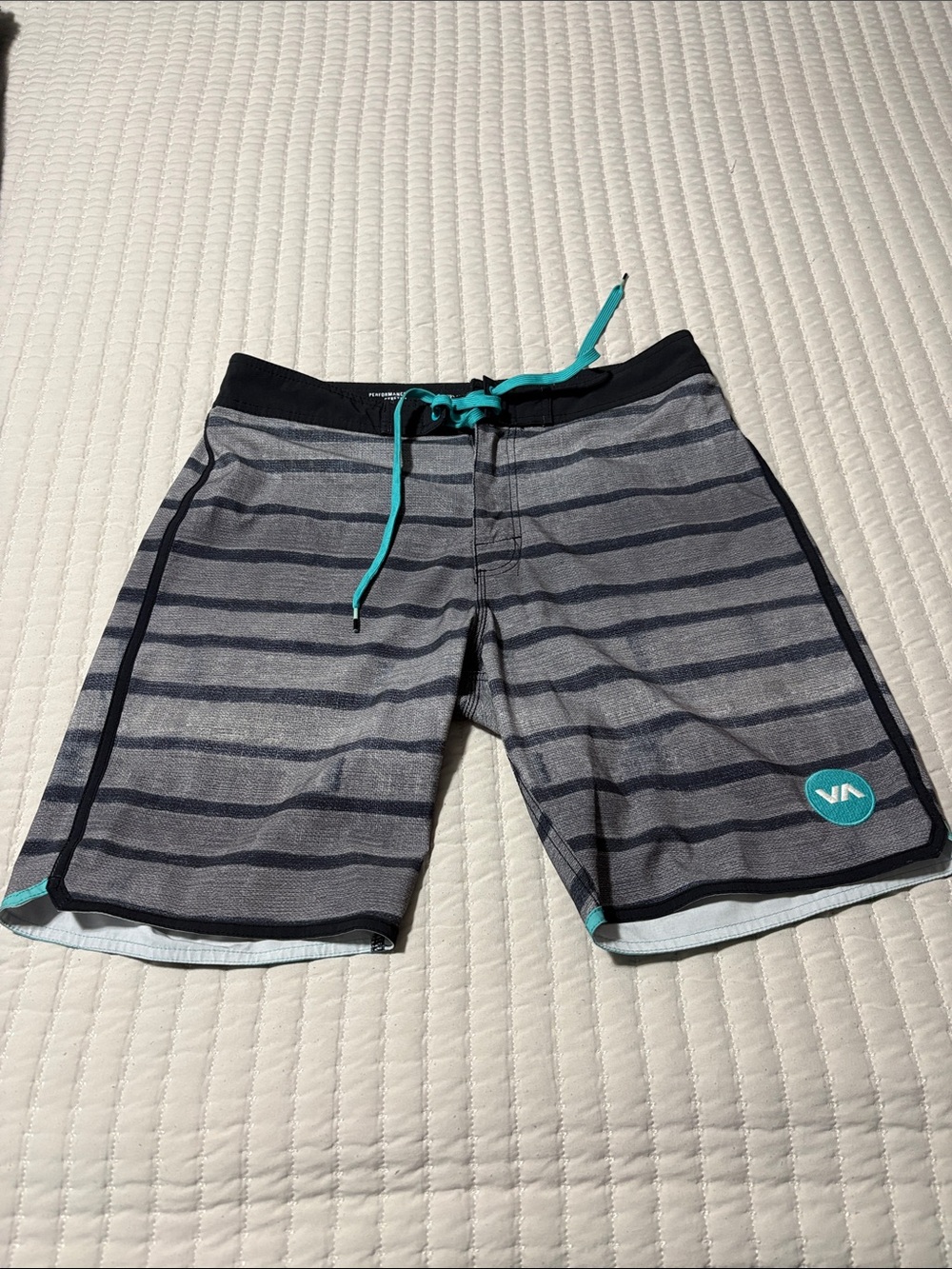 RVCA Men’s Gray & Navy Striped Swim Board Shorts with Teal Drawcord